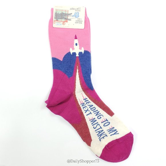 BlueQ Women's "Heading to My Next Mistake" Rocket Launch Patterned Crew Socks - Picture 1 of 5